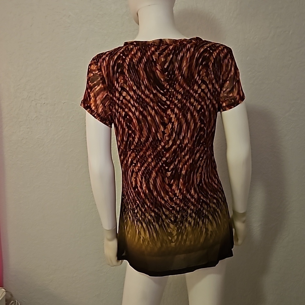 Vtg AXCESS Brown Ombre Swirl Mesh Overlay Short Sleeve Scoop Neck Blouse - Picture 6 of 9